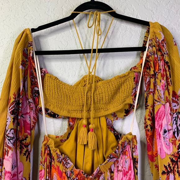 FREE PEOPLE Jumpsuit XS‎ Falling Flowers Off Shoulder Wide Leg Boho Flowy Sleeve - Picture 11 of 15